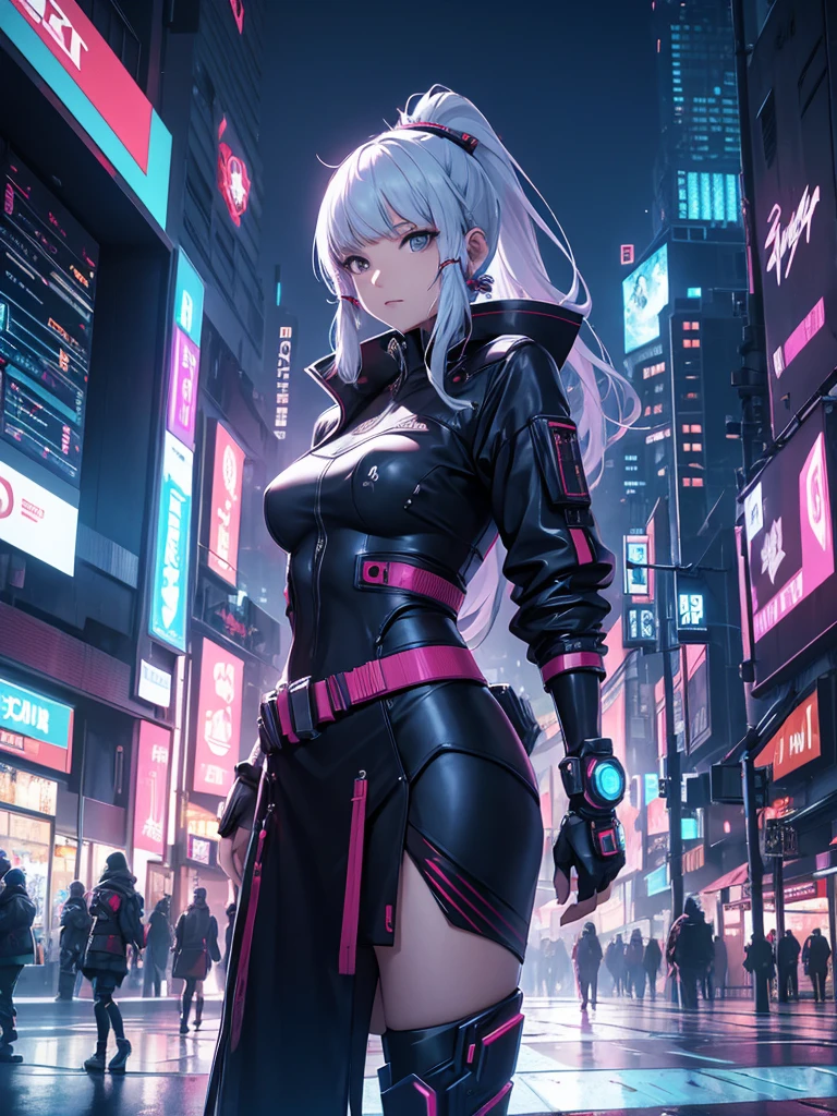 Ayaka, 1women, wearing a futuristic outfit, cyberpunk outfit, at a future city, cyberpunk look, 8k, high detailed, high quality