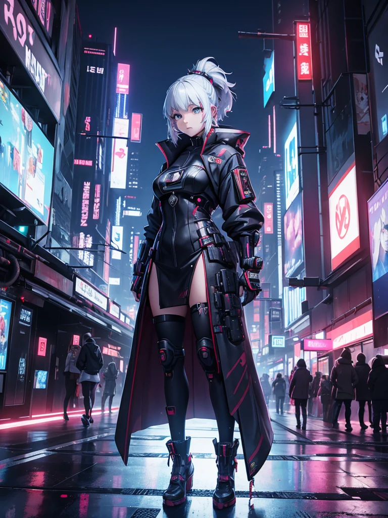 Demon Girl, Katana, City, Cyberpunk, Night, HD, High Resolution, Masterpiece, 4K