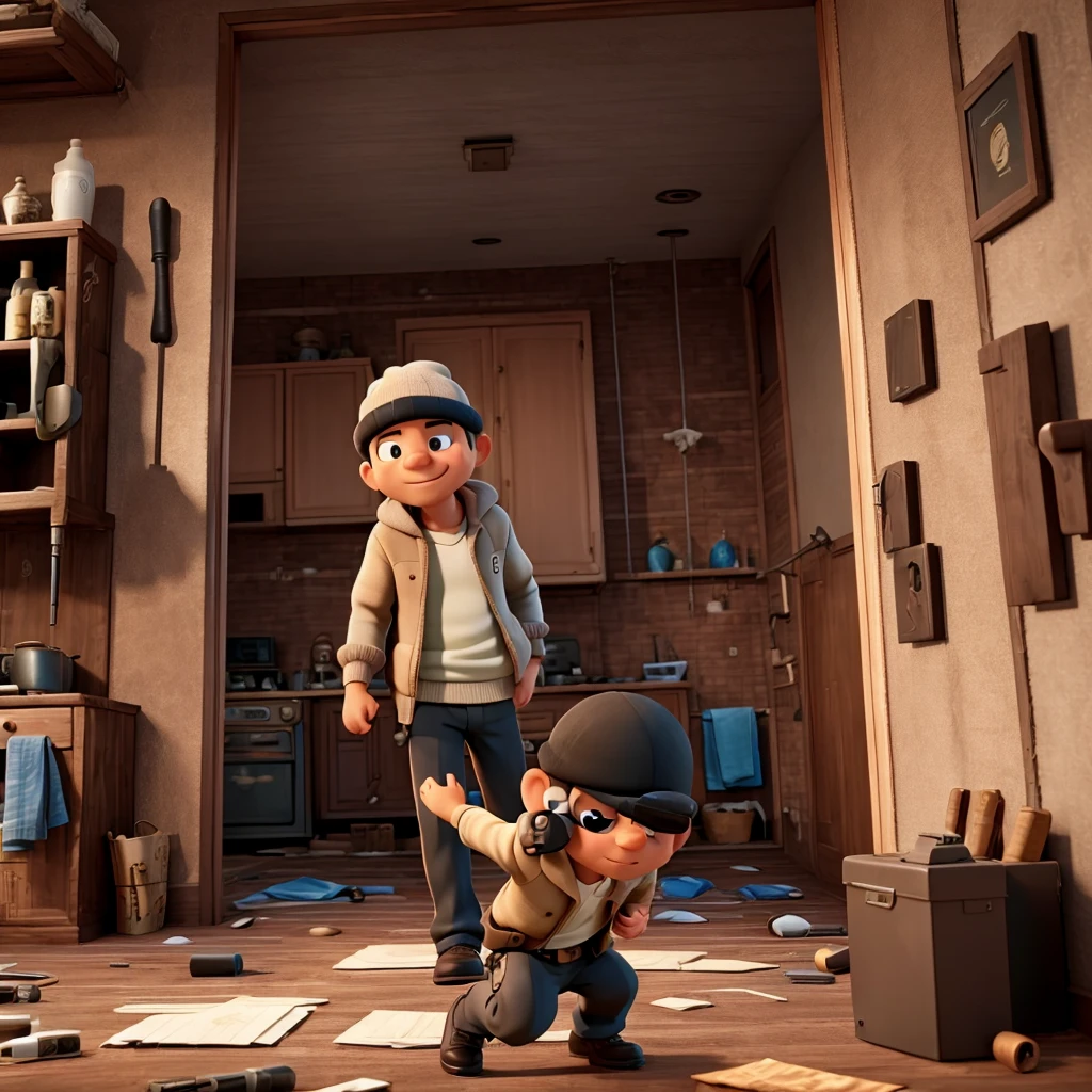 A gangster is burglarizing a house.