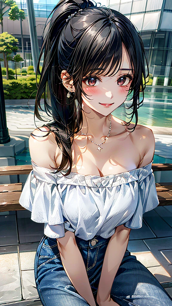 (masterpiece:1.3, Highest quality, Ultra-high resolution, Super detailed、8K), (Realistic, photoRealistic:1.4), Beautiful illustrations, Perfect lighting, colorful, Depth of written boundary, Beautiful detailed hair, Beautifully detailed face, Beautiful fine details, Droopy eyes、Beautiful clavicle, Beautiful body, 美しいLarge Breasts, Beautiful thighs, Beautiful feet, Beautiful fingers, View Viewer、Front view:0.8, Beauty1人, Japanese, Beauty、30 years old, Perfect Face, (Perfect Anatomy, Anatomically correct), Cute and symmetrical face, , , Shiny skin,(White off-the-shoulder blouse:1.4), (Long denim skirt:1.3) 、(boots:1.2)、(Black Hair, ponytail:1.4), braided bangs、Dark brown eyes, (Large Breasts, Slim body), necklace, Small earrings:1.1, (Beautiful views), (noon), Shopping mall、Sitting on a bench、 A soft smile、(Smile, Lips parted),