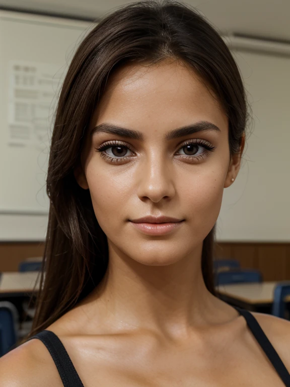 woman 27 years old, bruenette, in the classroom, masterpiece, realistic appearance, sporty, 175cm tall, light tanned skin, realistic skin, Italian, evening, summer, 75mm focus length, dark brown eyes, big eyes, Beautiful eyelashes, natural makeup, shy, innocent, anatomically correct, super detail, high details, high quality, award winning, highres, accurate, retina