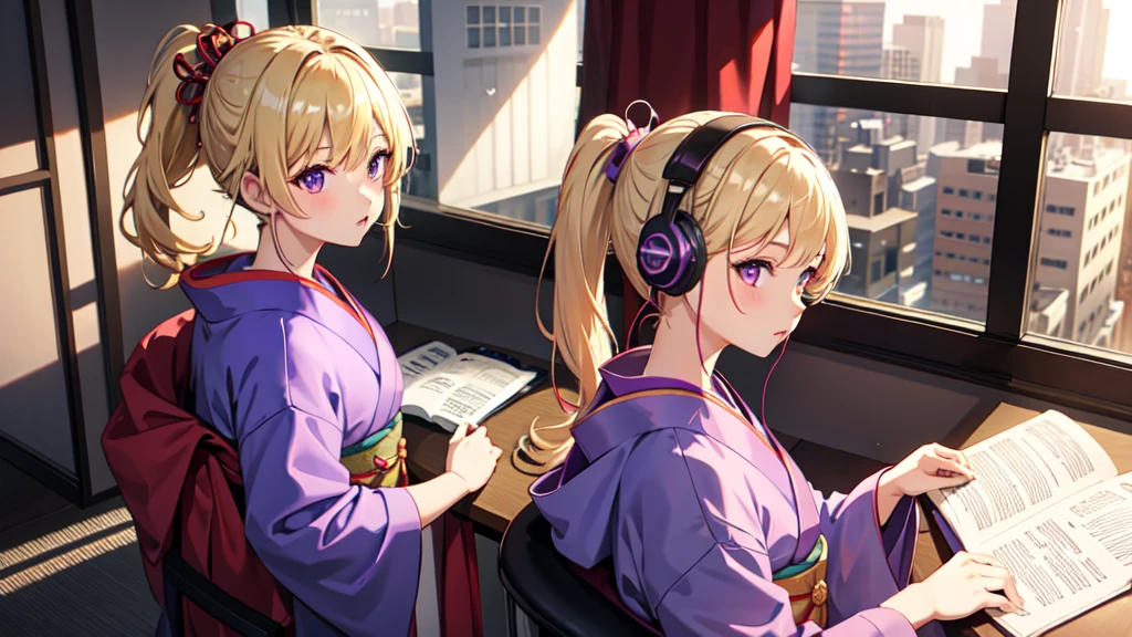 One girl, kimono, ponytail ,Blonde, Purple eyes,Studying in the room,Wearing headphones