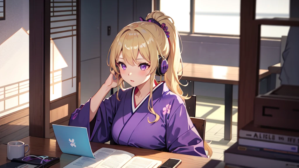 One girl, kimono, ponytail ,Blonde, Purple eyes，Studying in the room，Wearing headphones