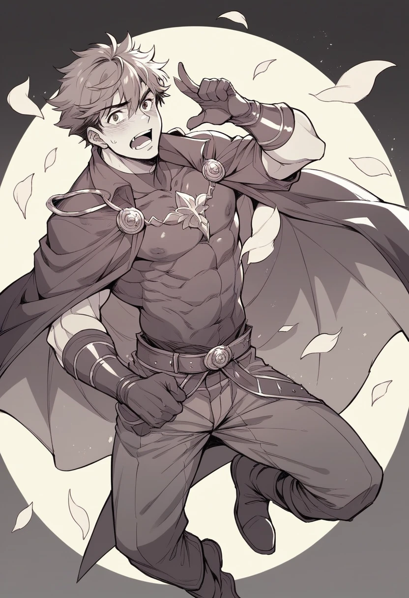 A tall, muscular male renaissance knight with long, messy, curly golden brown hair. He has hazel eyes and he is smiling. He is wearing tight, skimpy silver armor with a indigo cape, indigo thong, and indigo gloves. He has a bulge, he has big nipples, and he has a hairy chest. He has hairy legs. He has a hairy stomach. He has hairy arms. His hands are on his hips. He is standing in front of a beautiful medieval castle. surreal atmosphere, contrasting dark shadows, mesmerizing glow, detailed facial features, flowing lava tendrils, fiery eyes