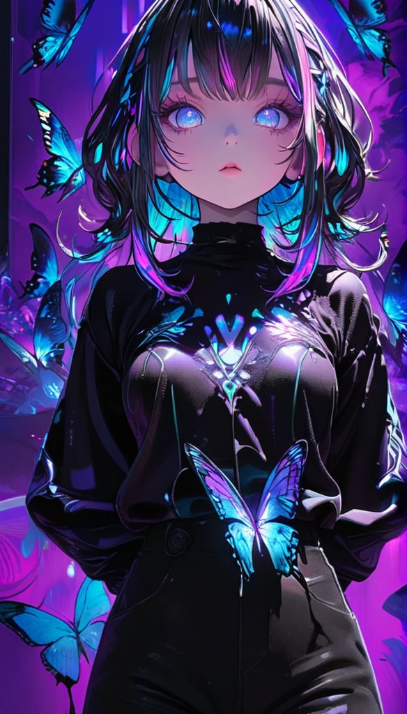 (((masterpiece, best quality, illustration, extremely detailed, 8k, 4k, 2k))), (1girl),skeleton style, lora more_details 1 , ((glow hair, multicolored hair)), ((Iridescent Hair)), (rib cage), ((teal neon light)), ((hands behind back)), (black jacket), (((purple retro background))), (looking at viewer), (black pants), ((butterflies)), (looking at viewer), (upper body)