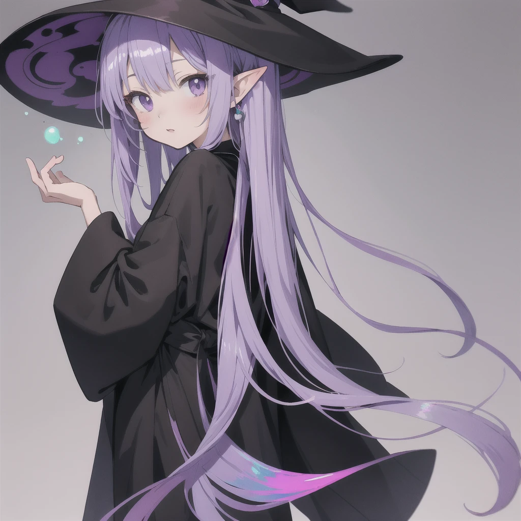 anime girl long purple hair wearing a black Robe. she has pointy ears. Witch Hat. Manga kawaii. iridescent ,An illustration, 0ne person .look back