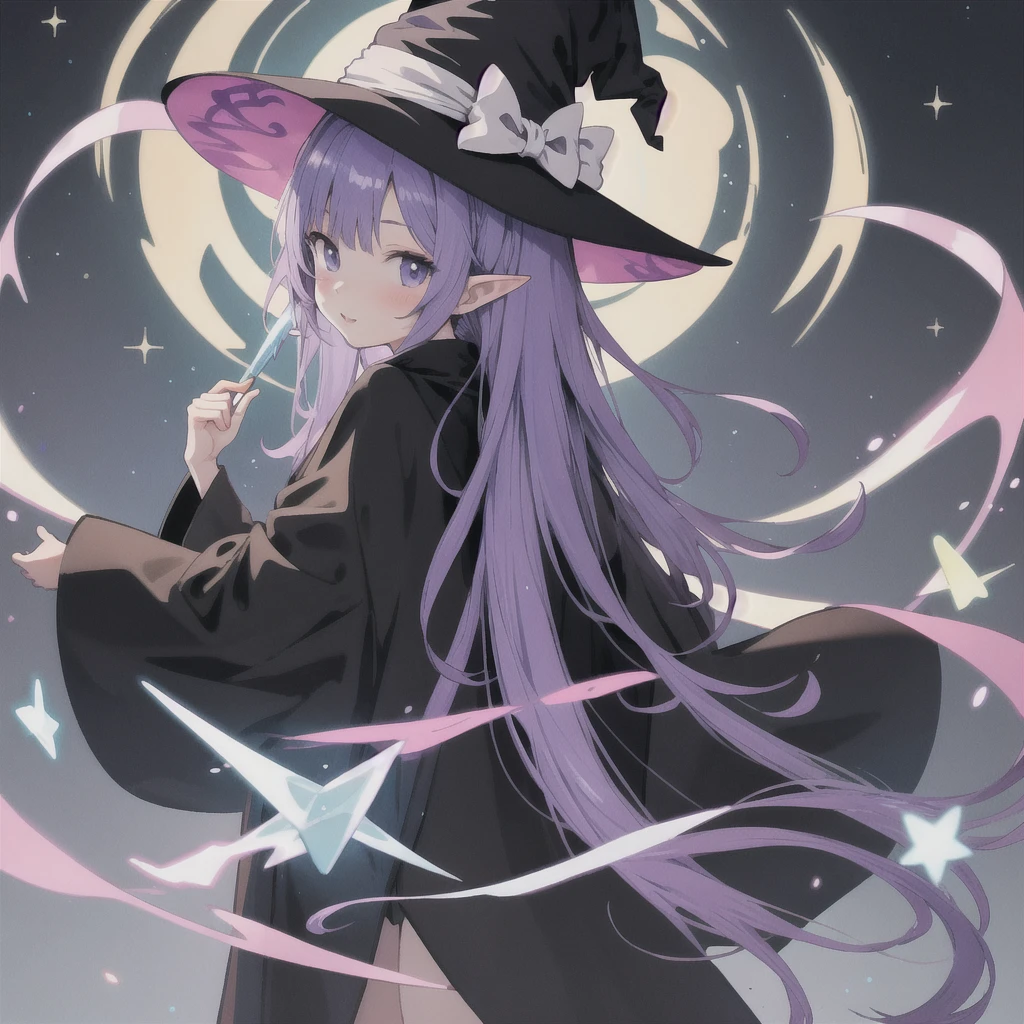 anime girl long purple hair wearing a black Robe. she has pointy ears. Witch Hat. Manga kawaii. iridescent ,An illustration, 0ne person .look back