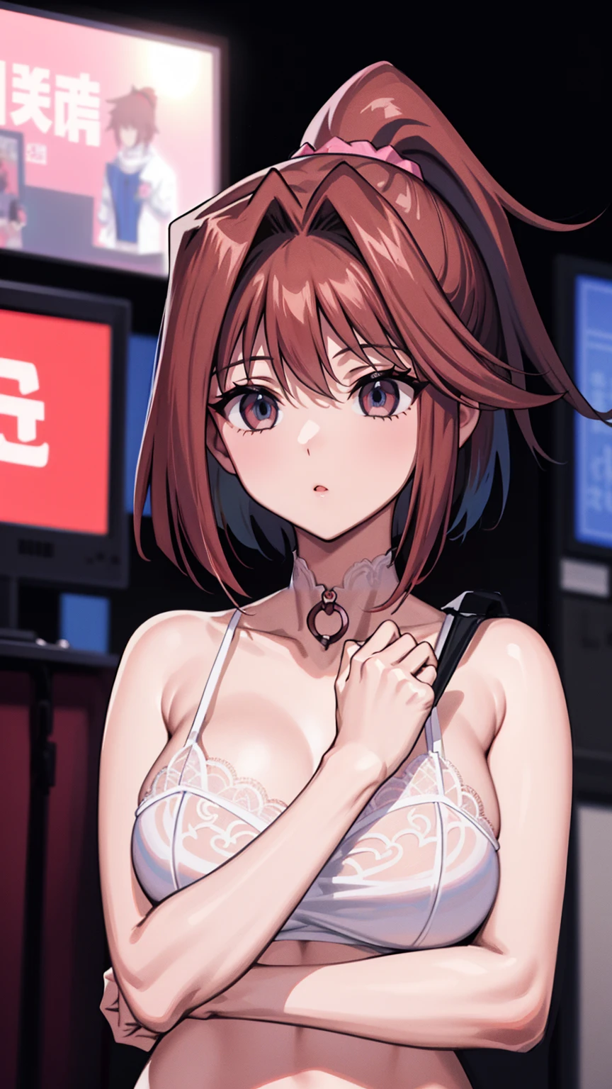 1 Girl,Browsing Caution,(((Machine made choker))),  Kyoko Masaki,(Yu-Gi-Oh),Unsdef,short hair, Brown Hair, hair ornaments, high ponytail, ponytail,Huge breasts, clavicle, Glowing purple eyes,Absurd, brainwashing,Hollow Eyes, ((Expressionless,Emotional erasure)), (Pure white lace bra, Pure white lace panties),avert your eyes , Full body portrait,((stand up, salute)), (Highest quality、4K、8K、High resolution、Must have:1.2)、Very detailed、(reality、reality的なです、reality的な:1.37)、Ticker、Hyper HD、Studio Lighting、Ultra High Definition Paint、Sharp focus、Physically Based Rendering、Extreme Detail、Professional specifications、Vibrancy and color、Blurred、Sports portrait、landscape、Horror Style、Anime Big Tits、sf、photograph、Concept Artist、Five Fingers, Perfect body,  {{{masterpiece}}}, {{{Highest quality}}}, {{Very detailed}}, {shape}, {{Very delicate and beautiful}},Improved cost performance、All Roles、Canon 5D MK4でphotograph、photograph, 