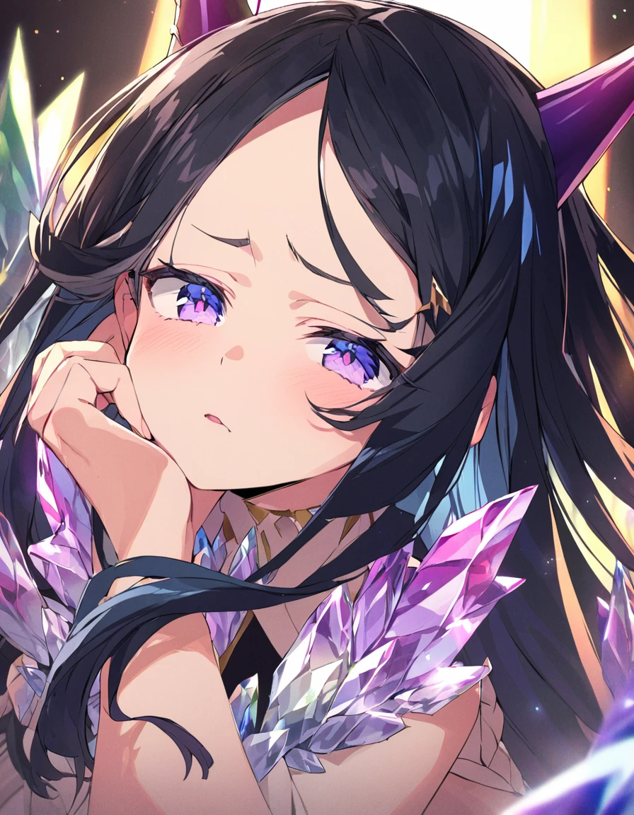Place your hand on your cheek Perfect Fingers Insanely embarrassing Crystal Horn Shining Crystal Black Hair