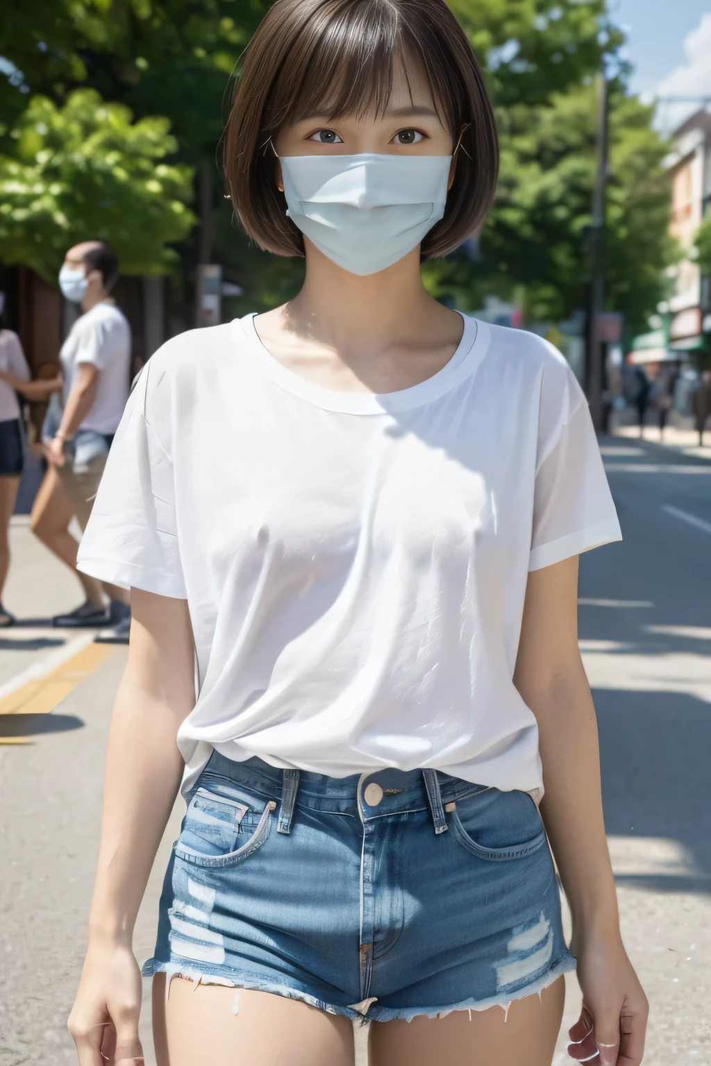 medium shot, ((show off nipple)), main street, japanese lady, pale skin, droopy eyes, 20 year old, bowl cut hair, ((white loose t-shirts,lowrise denim shorts)), ((standing)), high quality:1.3, shoot from below 2.0, Professional lighting:2.0 realistic:1.2, 4k resolution, detailed skin, masterpiece:1.1,smile,(tanned skin:1.3),(sunburn tanlines:1.3),(athlete:1.2),(no bra:1.3),(braless),((wearing white mask)),