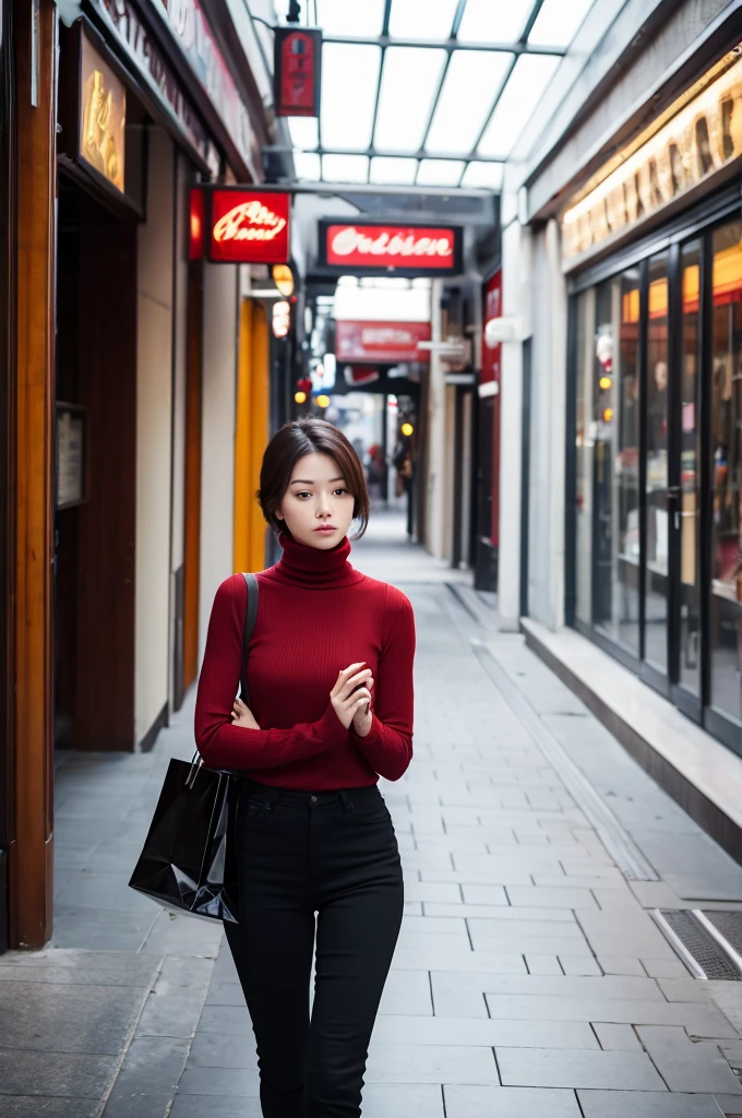 Classical Guitar,Woman 1,Red turtleneck,Lonely face,Looking down,Background: Shopping arcade,