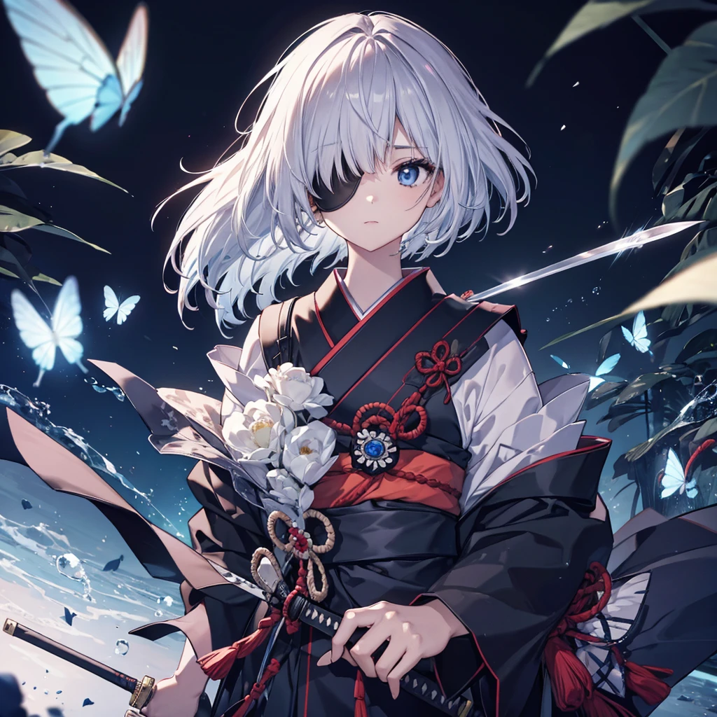(((1 person Put on an eye patch Gray Hair))) ((High resolution short hair Black kimono Shoulder Rin々Funny face knifeを胸の前で構える)) ((Black Band samurai Lonely despair blue eyes Close-up)) ((Blue Butterfly night Japanese style old Shining Aura garden water surface Catch the wind)) (dance 日本knife knife Slashing) 月night moonlight star Draw your sword Shining Background Shining Edge