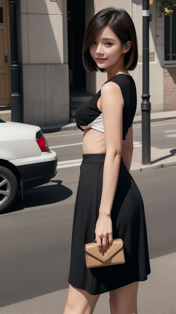 ((masterpiece))、((best quality))、photo、Reality、High level of image quality、Very detailed、Married woman、40 years old、(Full body)、Beautiful、short hair、Reality的背景和配件、Full breasts、Sexy smile、Street corner、Strolling around town,Look straight ahead、Tight knit skirt、Black deep V-neck shirt、Deep Shadows、Wide Angle、night、