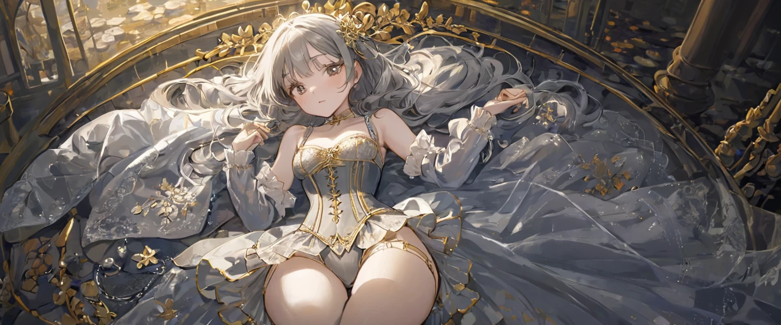 １people、8  medieval girl, In underwear、Gold and silver thread embroidery、Knee-length semi-transparent bloomers（Drawers）Wearing、Wearing a semi-transparent corset、Translucent slip, Grey translucent tights、sleep