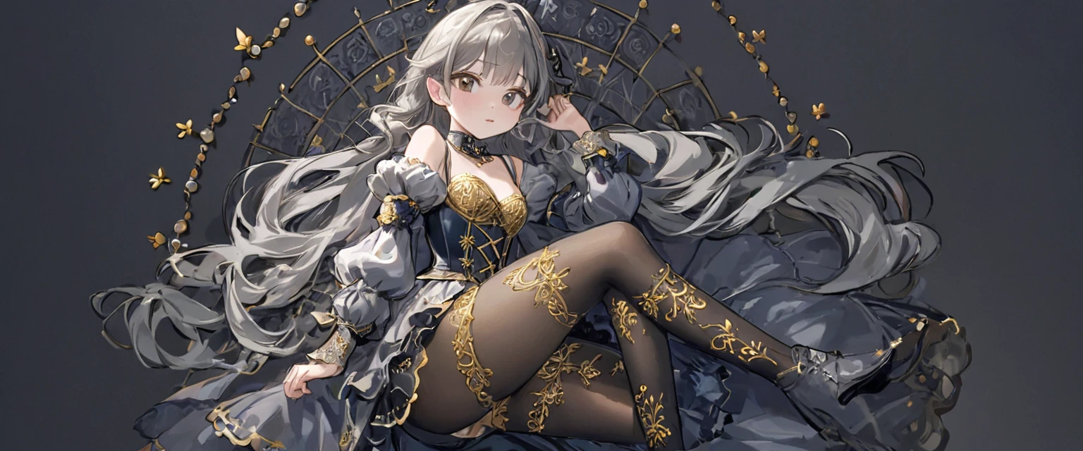 １people、8 year old medieval girl, In underwear、Gold and silver thread embroidery、Knee-length semi-transparent bloomers（Drawers）Wearing、Wearing a semi-transparent corset、Translucent slip, Grey translucent tights、sleep