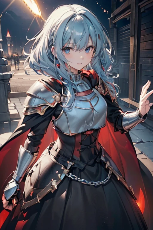 #Basics A girl is posing for a photo, animeのかわいい女の子, (((One Girl, Baby Face, Young girl, 16 years old))),
BREAK
#Clothing Accessories
((Black and Red)Quinceañera(Long skirt dress)Armor of:1.6) + ((Black and Red)breastplate:1.6), (Black Gauntlet:1.6), (Cape with shoulder pads:1.6), black combat boots:1.4),
((Luxury Silver Bracelets, large silver necklace, Silver Tiara)),
BREAK
#Features
(((Light blue hair:1.6)), Bangs that expose the forehead:1.4, Chest-length sideburns:1.4 + Curly hair:1.4, (Long Hair : Long Hair + Curly Hair + Curled up + Plump and voluminous + very thick hair + Large black ribbon)),
(Droopy eyes,blue eyes), (Small breasts),
BREAK
#expression
(smile, 嬉しそうなexpression),
#background environment
((noon, sunlight + Castles in a fantasy world:1.4, Walking)),
#composition
((To the camera:1.4, Cowboy Shot:1.4)),
BREAK
#Body parts elements
(Detailed hair, Beautiful Hair, Shiny Hair),
(double eyelid, Long eyelashes),
(Expression of fine eyes, Beautiful and delicate eyes, Sparkling eyes, Eye Reflexes),
(Human Ear),
(Beautiful Nose, Thin Nose),
(Glossy lips, Beautiful Lips, Thick lips), (Symmetrical facial features),
(Detailed skin, Textured skin, Beautiful Skin),
BREAK
#Quality
(((Highest quality)), ((masterpiece)), ((Very detailed))), ((High resolution), (16K,1080P)),
(Realistic), (Anatomically correct),
((comics, anime)), (3DCG), CG illustration,