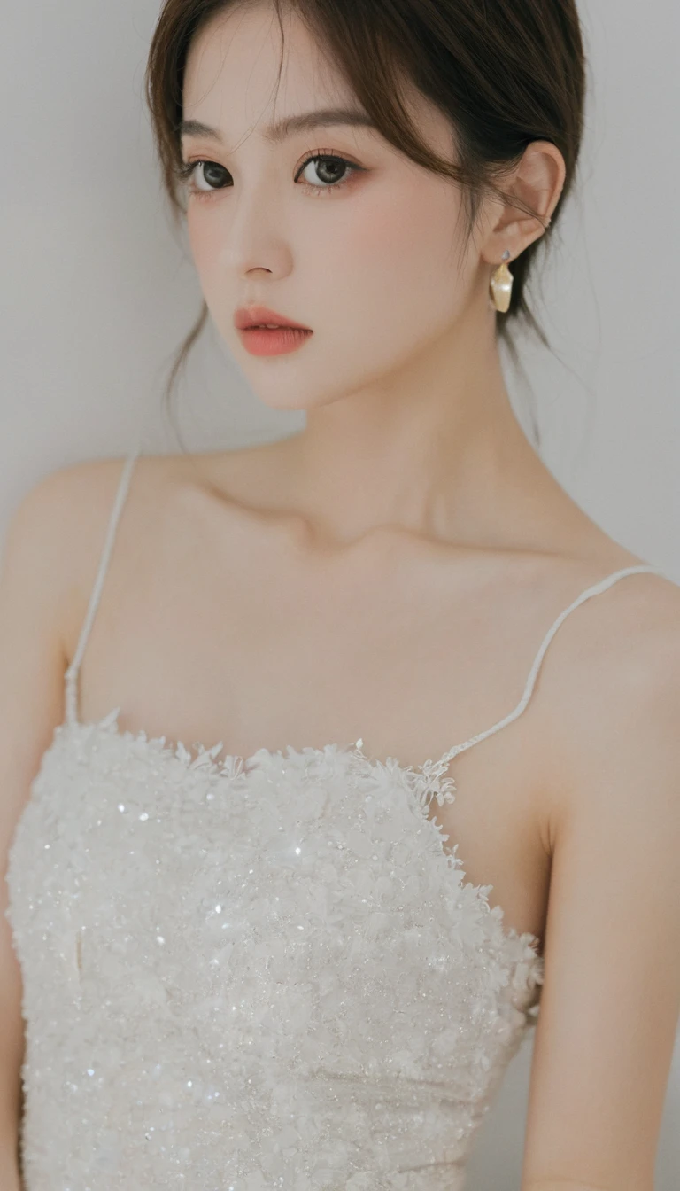 xxmixgirl, Analog Style, Eye focus, Highest quality, (Very detailed skin), Exquisitely beautiful white skin photos, 21 years old, Upper Body、Perfect Face, Captivating eyes, (Seductive makeup: 1.3), Skin pores, (Bokeh:1.5), Sharp focus, Dappled Lighting, (Backlight), Film Grain, (Very detailed, Exquisitely crafted), 8K, High resolution, Front view, Studio Light, Very detailed顔, Fine grain, (double eyelid: 1.4), Aristogle, Brown eyes, (commercial: 1.6), (Seductive makeup), ((White studio background: 2))