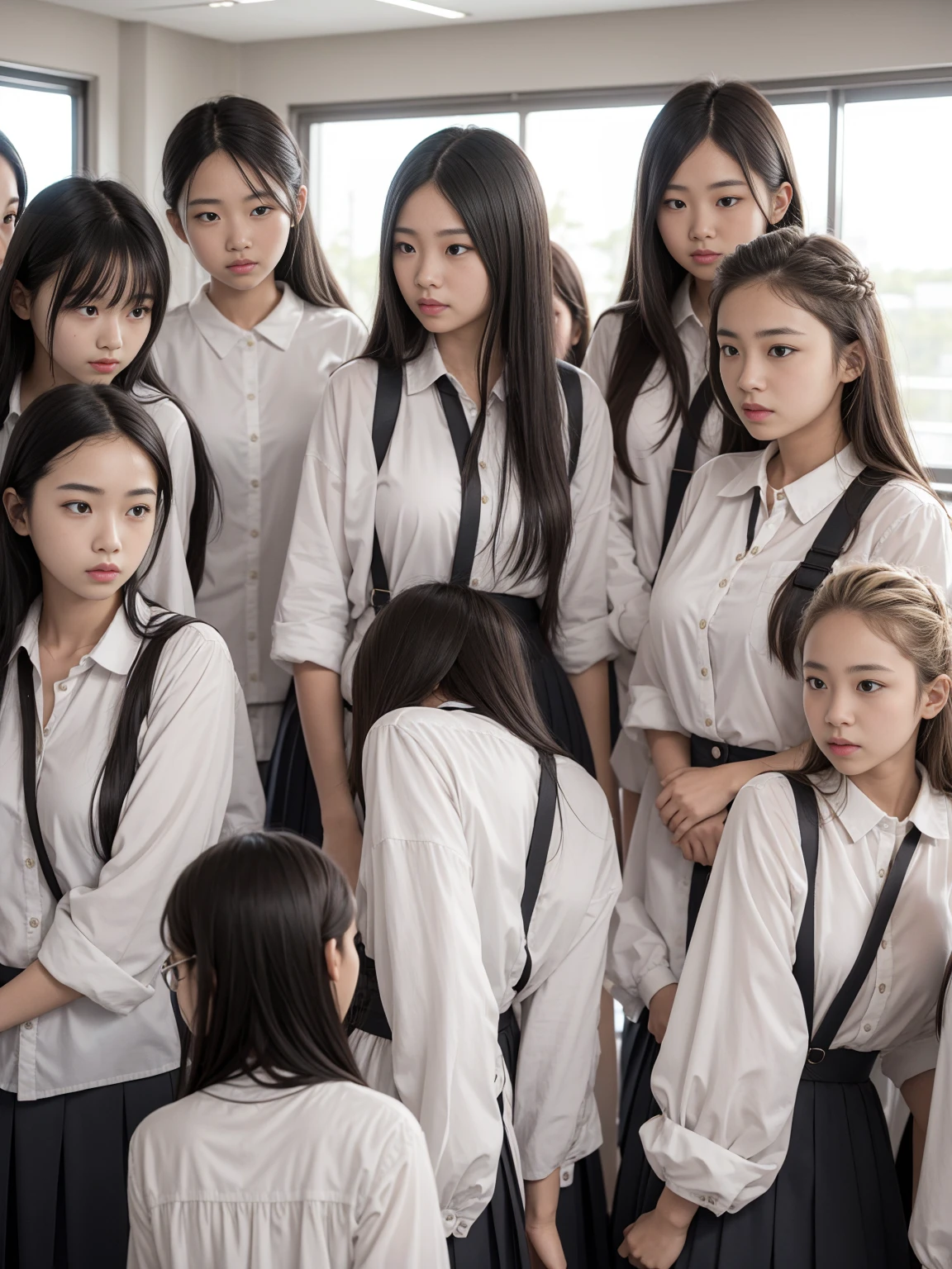 A group of 10 female students standing in a row、Women's dormitory、Jersey、slender、Are thin、Blonde、Brown Hair、Black Hair、Huge 、Cleavage、Daytime、String Panties Thighs Thighs、Spread your legs wide、Short sleeve white shirt、Sexy、adultery、Amorous、Nipples