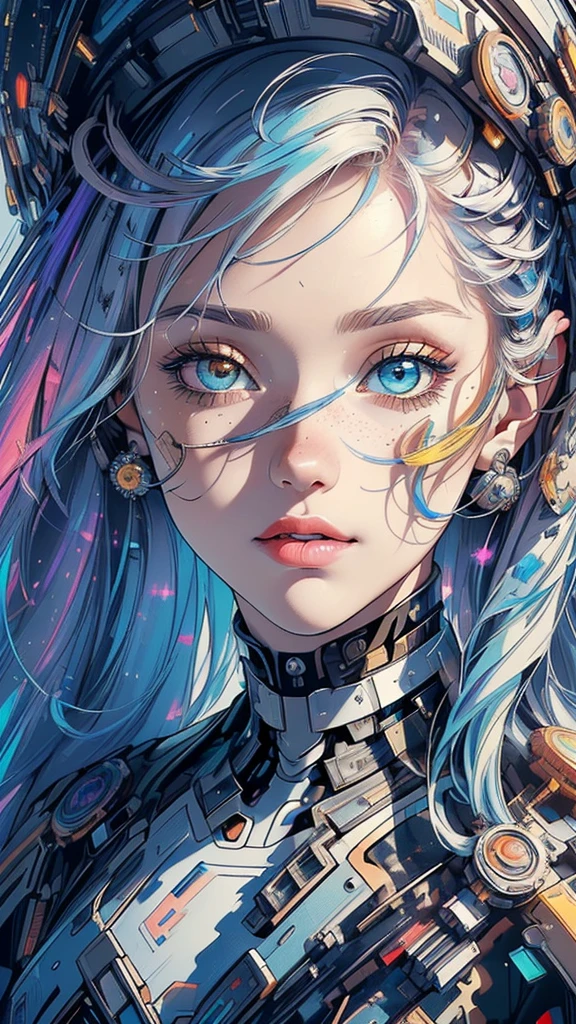 (((masterpiece, highest quality))),(((solo:1.2))),(((1girl:1.2))),32k wallpaper, very detailed,(((((portfolio))))),(((((Close-up))))),(((((bust up))))),((((more various angle)))),(((highlight))),((((heterochromia)))),(((complete. detailed face))),((((Extremely talented)))),((((Wonderfully detailed complicated machine)))),((((genius mechanic)))),((Overall colorfully)),(((futuristic galaxy)))