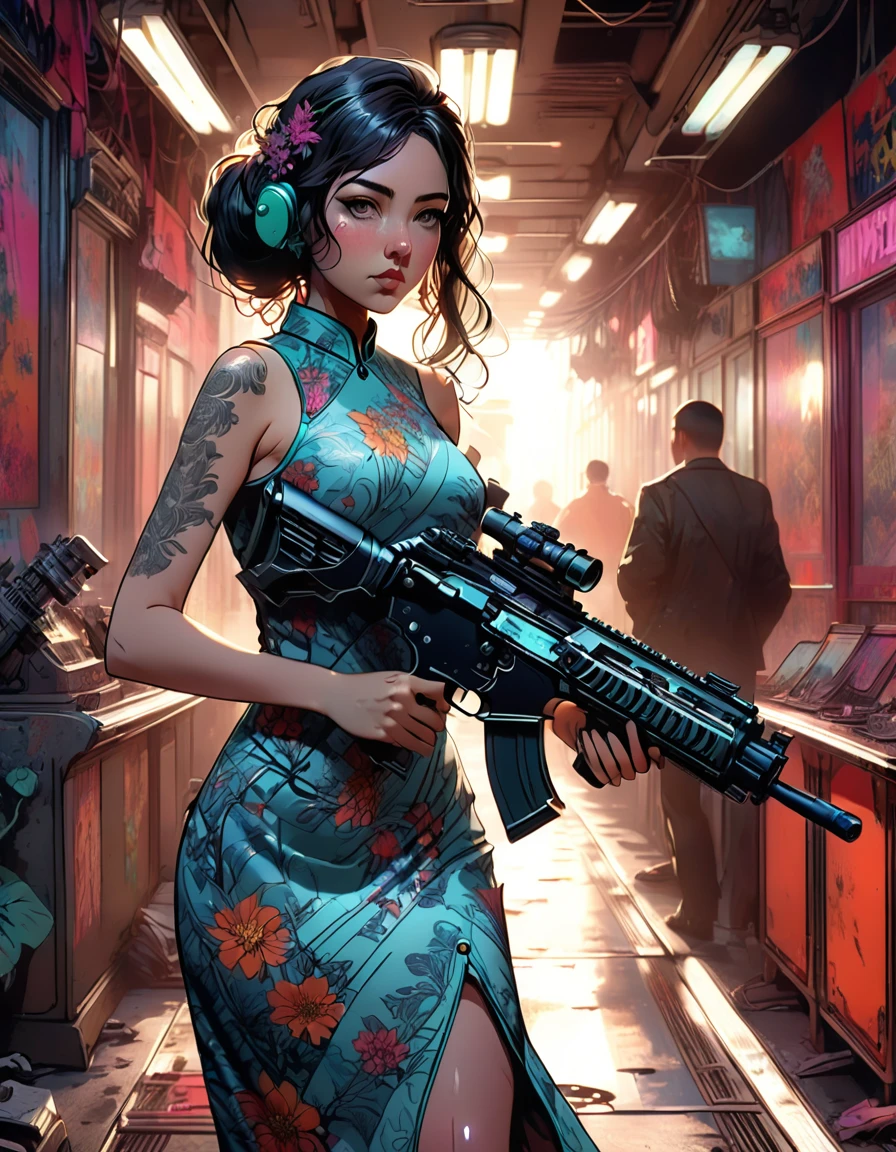 Young beautiful woman_Focused，Big breasts_Big Ass_Robot with long flowing hair((Tight cheongsam dress:1.9))，(Rapid Fire Assault Rifle:1.7)，(motion blur effect:1.5)，Chaos in the casino，crazy，destroy，(Best quality，4K，8K，high resolution，masterpiece:1.2)，Ultra Detailed，(reality，reality感，reality感:1.37)，Detailed facial features，Intricate clothing patterns，Striking pose，Dramatic lighting，Film composition，Vibrant colors，And the dystopian atmosphere，assault rifle