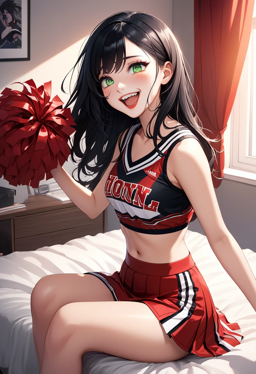 detailed illustration (side view),dynamic angle, ultra-detailed, illustration, 1girl, black hair, red lips, cheerleader, goth, green eyes, bright eyes, detailed eyes, sitting on bed, bedroom, blush, flush, smirking, laughing, happy, horny,