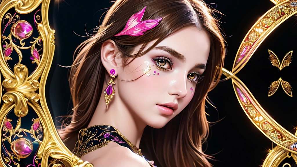 Create a digital artwork featuring a beautiful young girl in art Nouveau design with Glossy shiny vibrant metallic gold and realistic pink feather-like patterns. Embellish the design with ornate jewel accents and set it against a black background to highlight the luminosity of the details..
