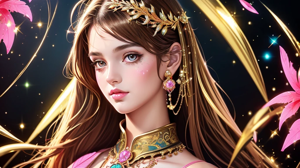 Create a digital artwork featuring a beautiful young girl in art Nouveau design with Glossy shiny vibrant metallic gold and realistic pink feather-like patterns. Embellish the design with ornate jewel accents and set it against a black background to highlight the luminosity of the details..