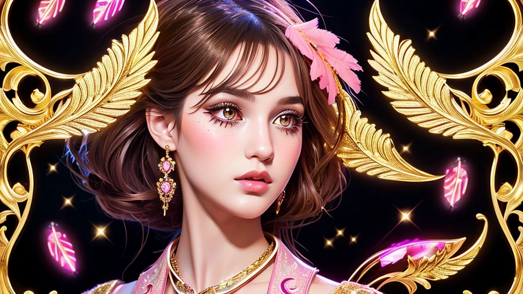 Create a digital artwork featuring a beautiful young girl in art Nouveau design with Glossy shiny vibrant metallic gold and realistic pink feather-like patterns. Embellish the design with ornate jewel accents and set it against a black background to highlight the luminosity of the details..