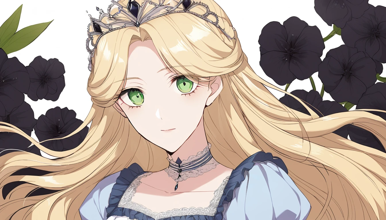 shoujo-style, floral background, romance manhwa, 1girl, blonde hair, solo, long hair, flower, dress, tiara, white dress, gloves, long sleeves, choker, green eyes, mascara, makeup, white gloves, black bow, black flower, wavy hair, bow, jewelry, looking at viewer, white background, collarbone, puffy sleeves, silver accessories, upper body, parted bangs, very long hair, blue dress, frills, bangs, closed mouth, detailed eyes, (close up), gleaming skin, shiny glossy skin