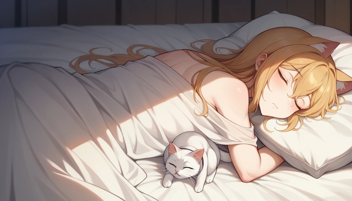 {{masterpiece、highest quality、(((realisti、realisti:1.37)))、8K quality、very delicate and beautiful、wonderful、Large file size、very detailed、very detailed、cinema lights}}、Woman sleeping in bed1People、sleeping cat1Tiere、The cat lays、(((one women's body and a cat's bodies do not overlap))