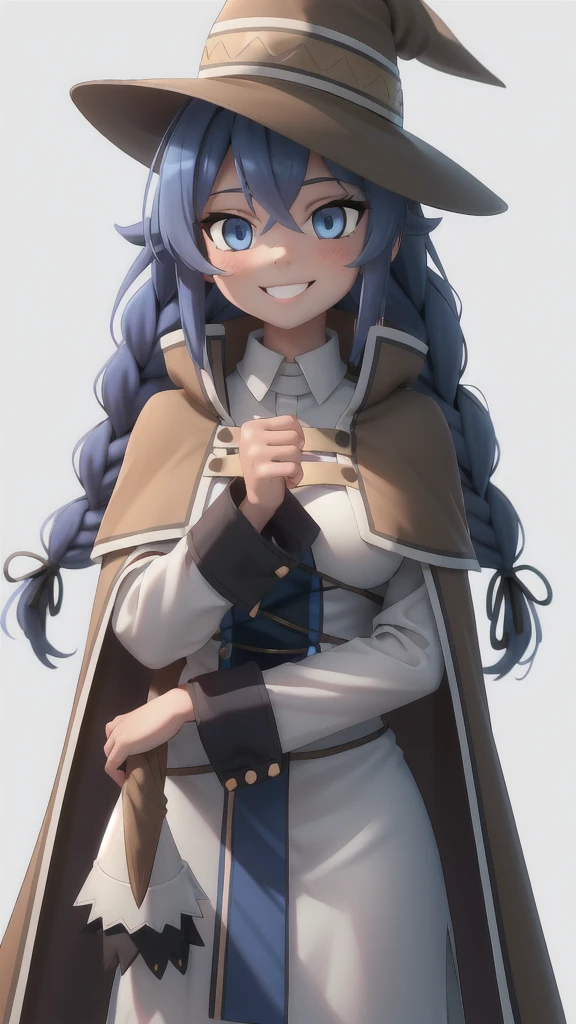 roxy migurdia, full naked, 1girl, bangs, blue eyes, blue hair, blush, braid, brown cape, brown capelet, big breasts (natural),brown headwear, cape, capelet, collared shirt, crossed bangs, dress, hair between eyes, hat, long braid, long hair, long sleeves, looking at viewer, shirt, simple background, smile, solo, tsurime, twin braids, upper body, white background, white dress, witch hat, naked ((masterpiece))
natural light, RAW photo, 8k uhd, film grain