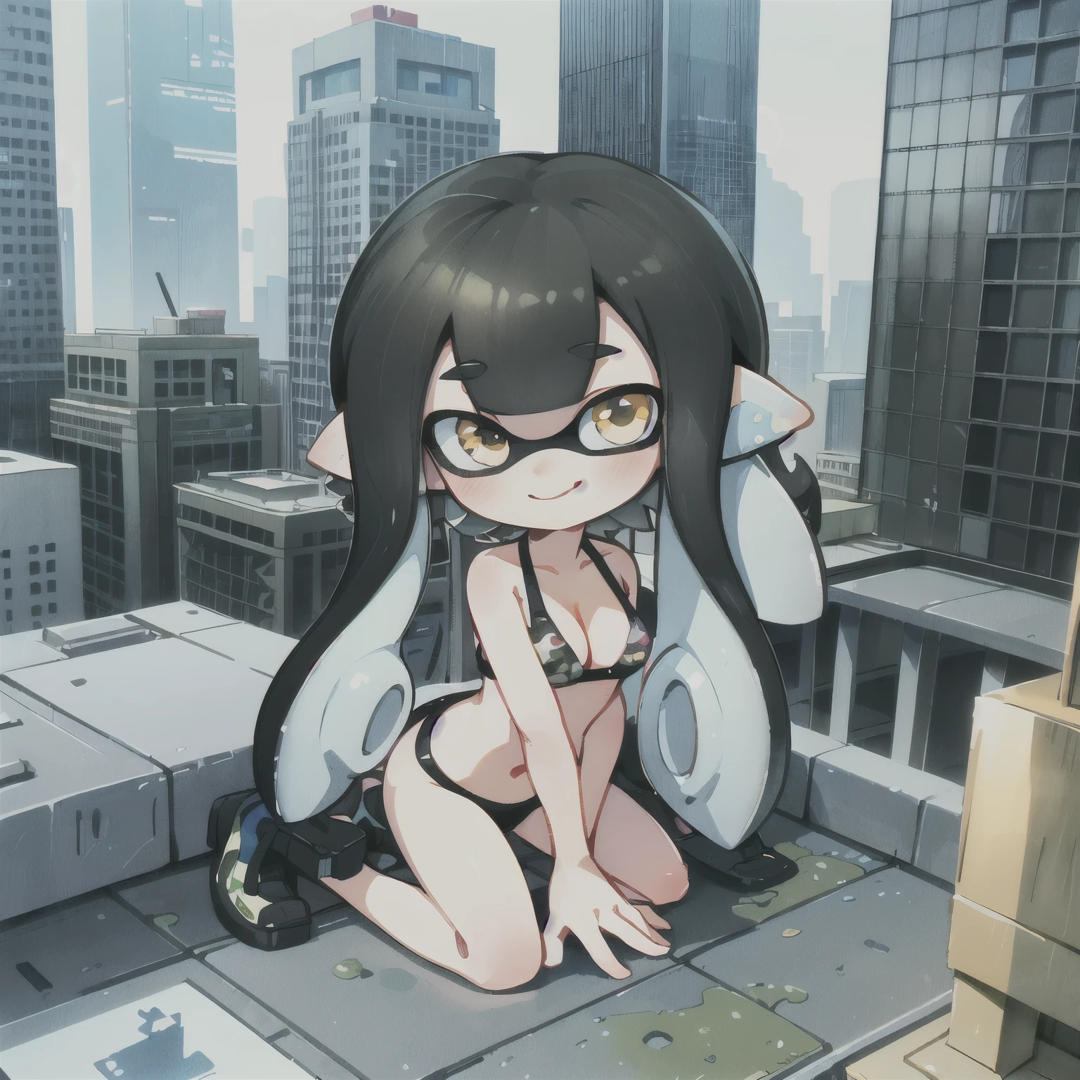 Highest quality, Detail view, High resolution、aerial photograph、Real Anime、3d、Little, Splatoon girl on the observation deck, Happy, Golden Eyes、Cute eyes、smile, Long black tentacle hair, Miniature cityscape、Skyscraper rooftop、Outdoor、The skyscrapers look small、Big Breasts、Cleavage、camouflage bikini, Watercolor Color、