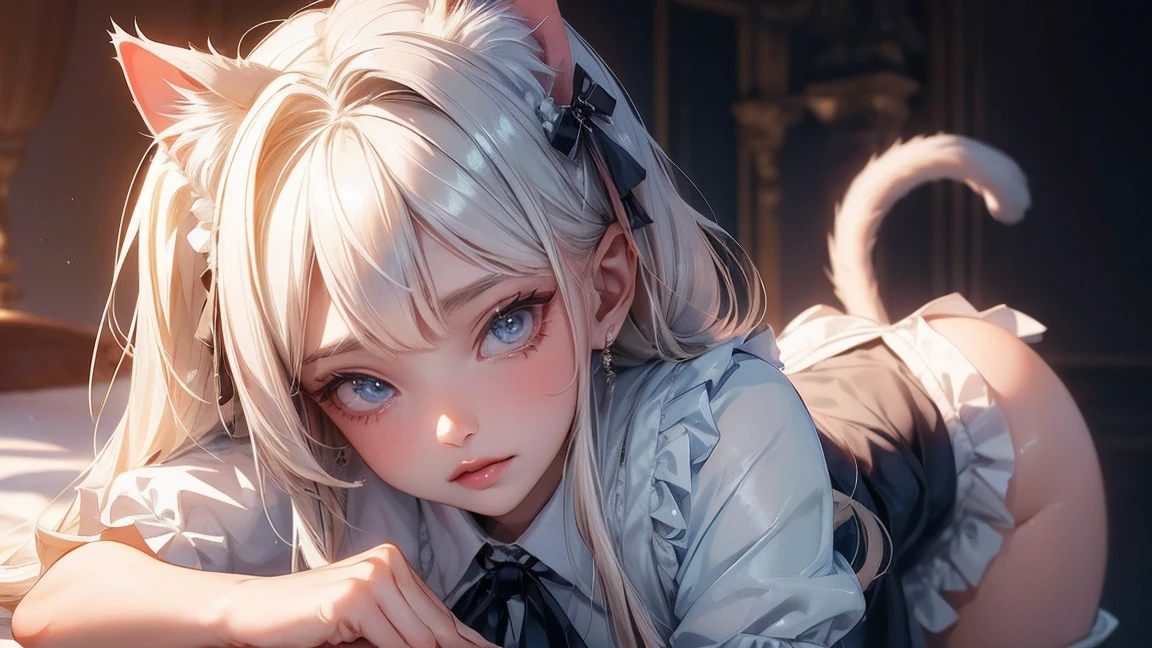 (masterpiece:1.3), (8K、best qualそれy:1.3), Highest image qualそれy, Intricate details, High resolution, Depth Field, Natural light, Professional Lighting, (1 Girl), (alone), gravure, (A so beautiful 18 year old Brそれish girl), (so beautiful:1.3), (Very cute face:1.3), (Beautiful face wそれh perfect symmetry), (Skin with attention to detail: 1.2), Photorealistic Anime Girl Rendering, Realistic anime 3D style, Beautiful platinum blonde hair, Long Hair, Crossed bangs, Asymmetrical bangs, eyelash, Bright red eyes, Strong eye highlights, (Awesome cat ears:1.3), Perfect Anatomy, The whole body is visible, (Beautiful platinum blonde hairのミドルウェーブヘア), (Beautiful Blue Eyes, Beautiful eyelash、Realistic eyes)), Dynamic Angle, ((Perfect Anatomy)), ((British maid, whそれe frilled maid headband, Frilled blouse, Ribbon tie, apron, Navy Blue Skirt, Silk socks, High heels)), ((Silk lace panties, Shiny thighs)), (Have a gift, Looking up at the camera), Volumetric lighting, Soft Light, Bright colors, Watercolor, Bright colors, Create digそれal artwork in pop art style,room