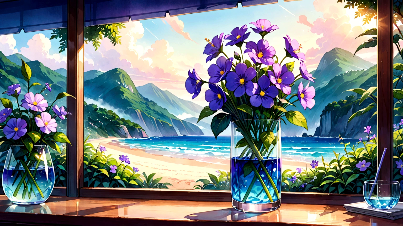 Ultra-realistic scenes, (Masterpiece),1 piece porcelain vase, Surrounded by purple flowers, (Ultra HD),Blue sky background, water, Sunlight, low perspective, blender, Product rendering, HD8K。 --v6