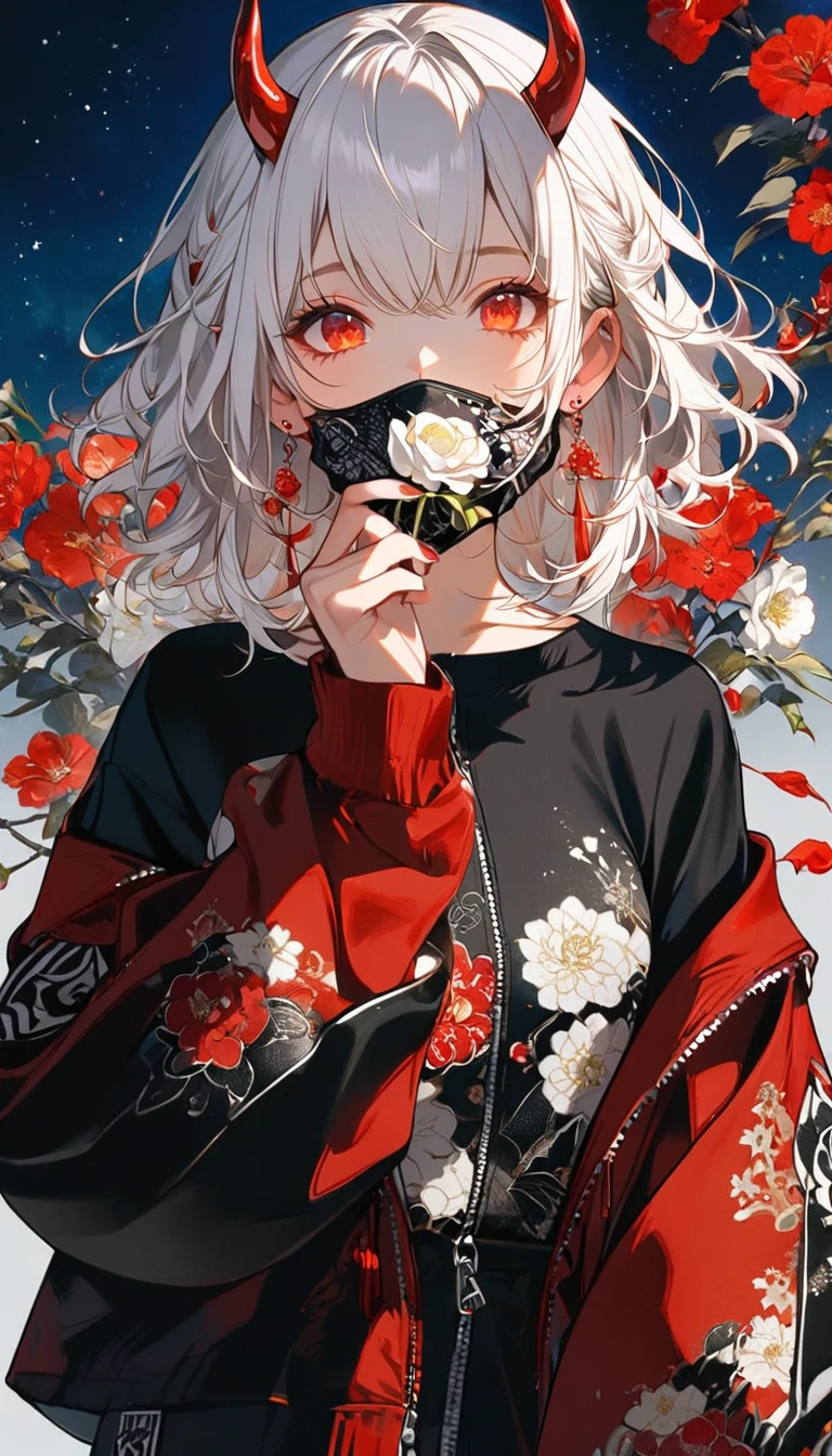 1girl, solo, smile, looking at viewer, bangs, red eyes, long sleeves, hair between eyes, jewelry, jacket, upper body, flower, white hair, cowboy shot, earrings, horns, medium hair, off shoulder, black jacket, floral print, white flower, red flower, red jacket, zipper, covered mouth, red horns, starry sky