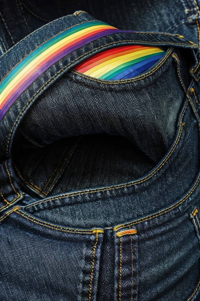 Jeans in a space with a rainbow coming out of a small hole