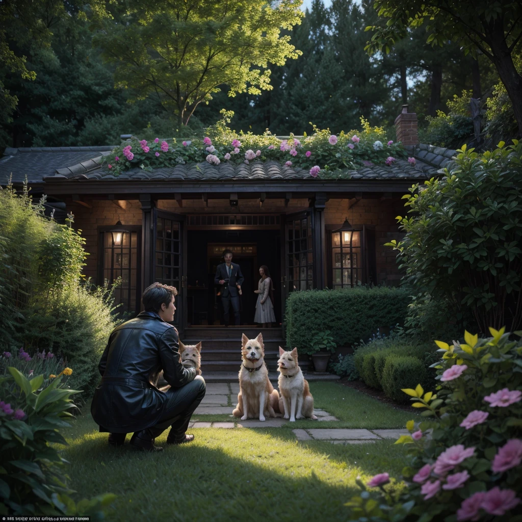 family pating his pets in the garden, The scene should be realistic, with intricate details and dynamic, volumetric lighting. Deep colors and hyper-detailed textures should be used to enhance the overall composition. The image should be in a wide-screen format and utilize complementary colors to make it striking and emotive. The lighting should emphasize the somber or significant atmosphere of the scene.",