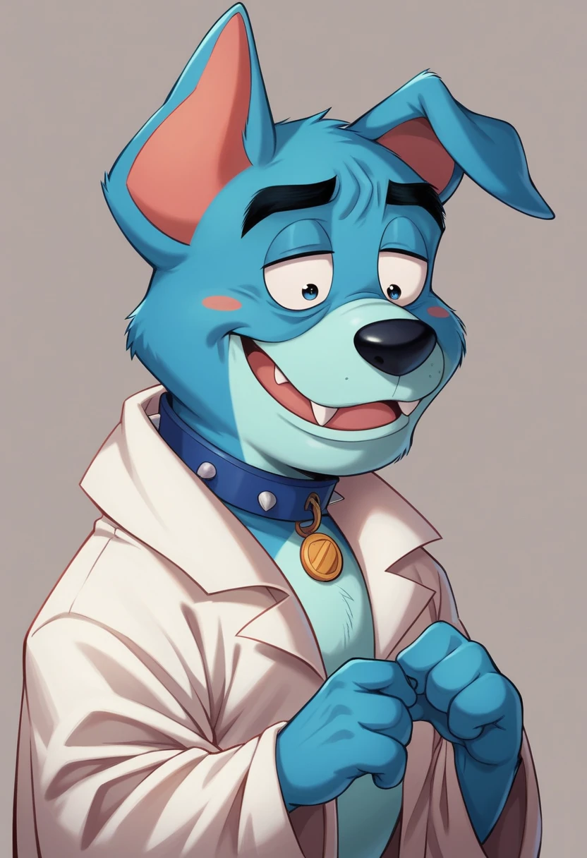 Blue Dog,Sleepy eyes,Spiny collar,2:2,Doraemon-like form,Bulldog,Ultra HD,4K,Delicate coat,Beautiful texture like Pixar,Disney-like characters,Dropped ears,Fangs protruding from the lower teeth,Blue Bulldog
