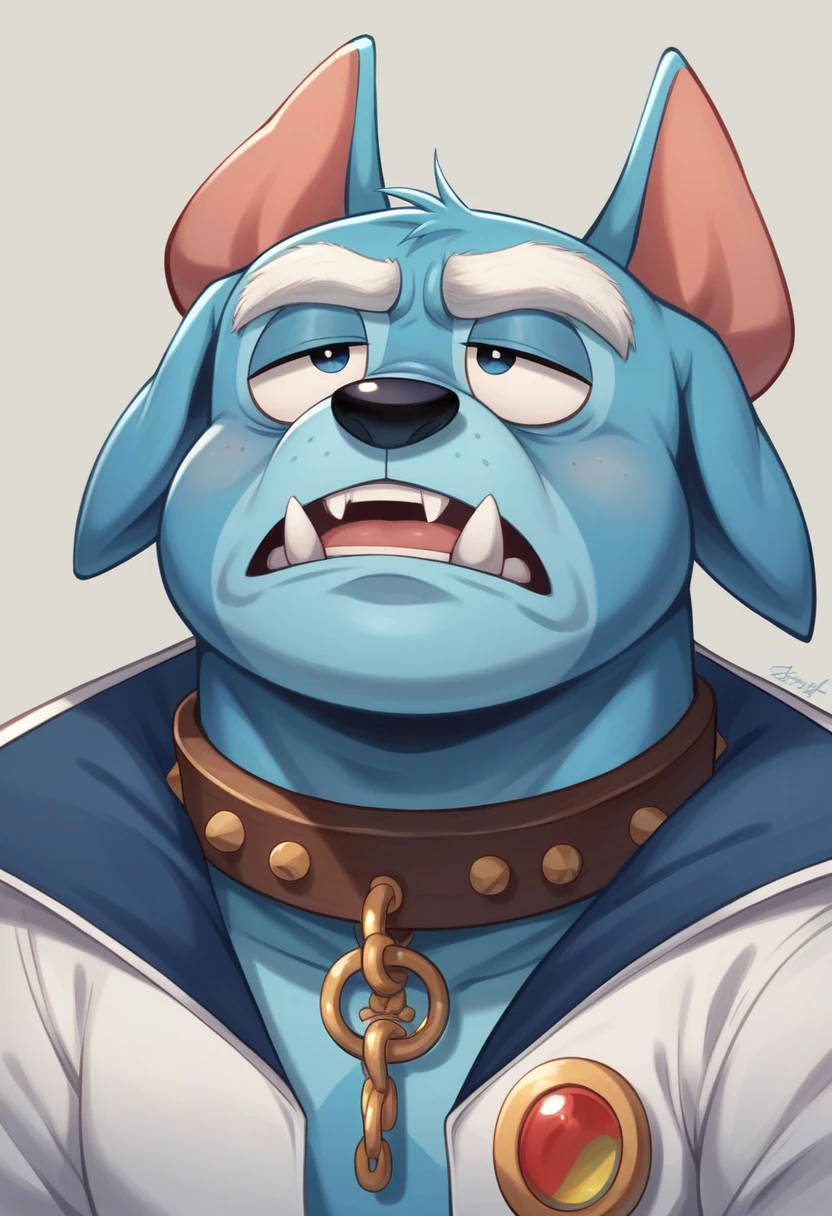 Blue Dog,Sleepy eyes,Spiny collar,2:2,Doraemon-like form,Bulldog,Ultra HD,4K,Delicate coat,Beautiful texture like Pixar,Disney-like characters,Dropped ears,Fangs protruding from the lower teeth,Blue Bulldog