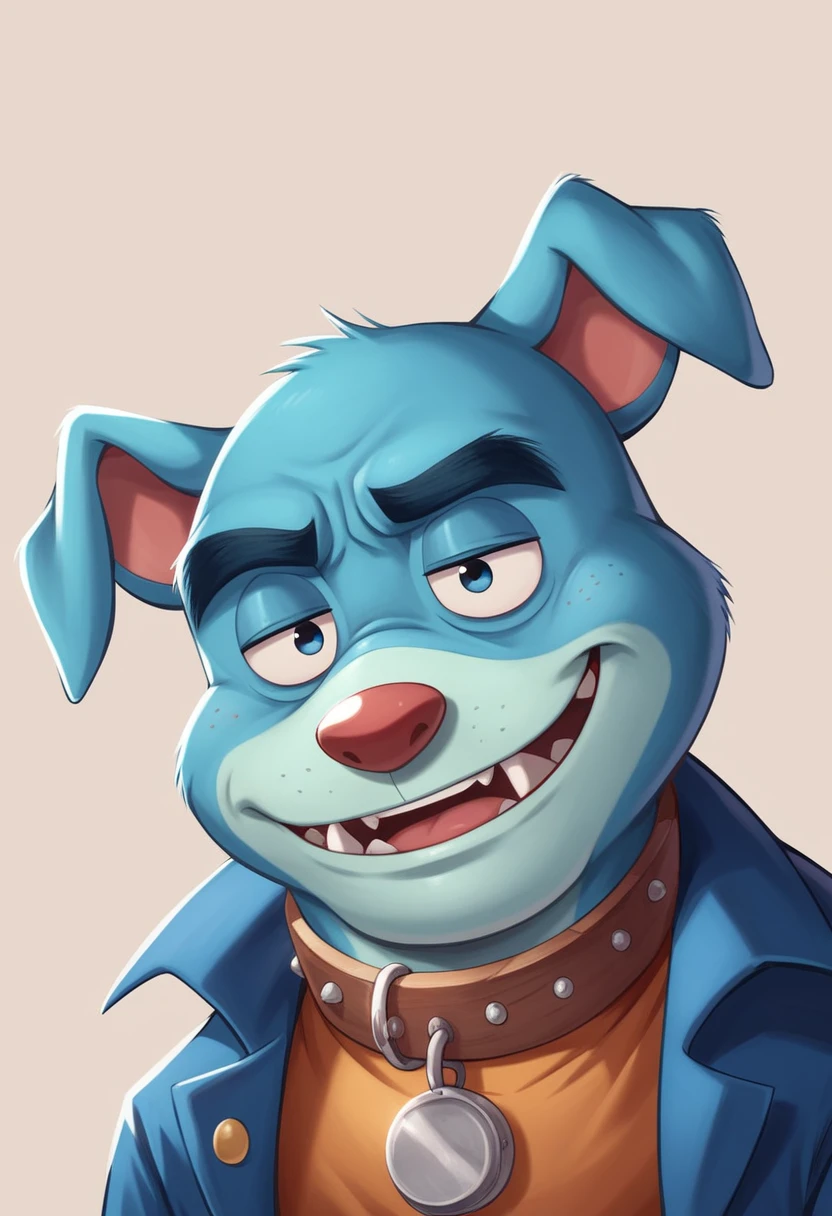 Blue Dog,Sleepy eyes,Spiny collar,2:2,Doraemon-like form,Bulldog,Ultra HD,4K,Delicate coat,Beautiful texture like Pixar,Disney-like characters,Dropped ears,Fangs protruding from the lower teeth,Blue Bulldog