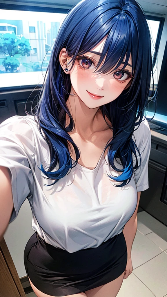 ((Highest quality)), ((High resolution)), ((masterpiece)), (detailed),
View your viewers, Written boundary depth, Anatomically correct, mature1People Women, Perfect Face, Cute and symmetrical face, Shiny skin,
(Medium Hair, Blue Hair), Hair between the eyes, Chestnut brown eyes, Long eyelashes, (Big Breasts:0.9),
Beautiful Hair, Beautiful Face, Beautiful details, Beautiful clavicle, Beautiful body, Beautiful breasts, Beautiful thighs, Beautiful legs,
(suit, Pencil Skirt, Shiny shirt), announcer, (Cute Smile), News Program, News Studio Set,