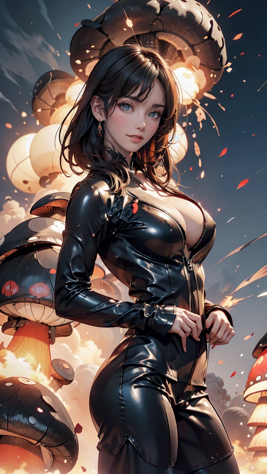 Japanese women, nice, Photorealistic and beautiful、Sexy proportions、Curved waist、Cutting edge urban background、Nuclear explosion mushroom cloud rising、wear a black leather suit、smile