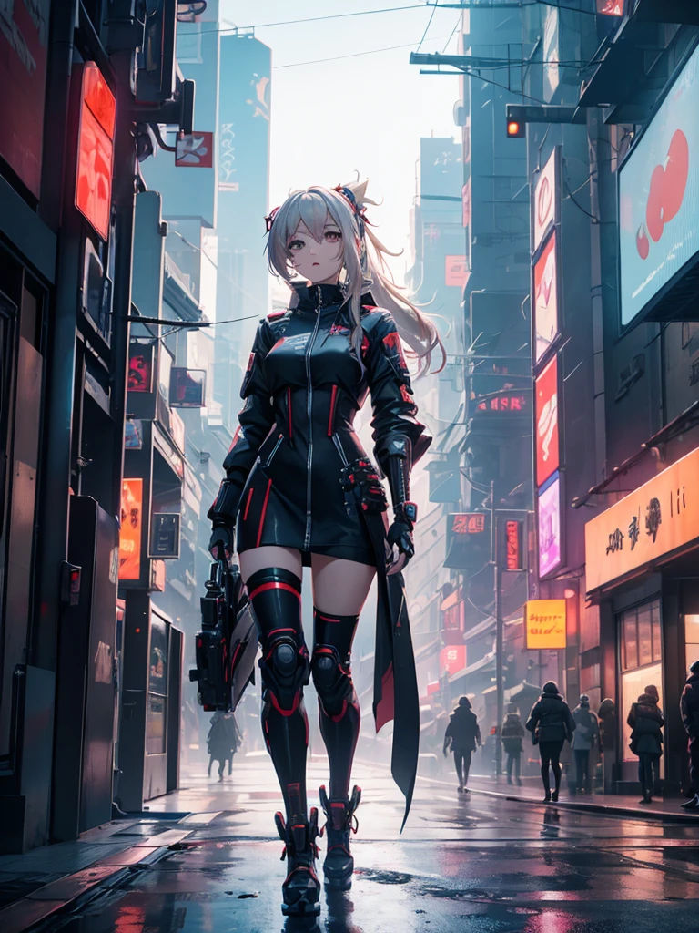 Yoimiya, 1women, wearing a futuristic outfit, cyberpunk outfit, at a future city, cyberpunk look, 8k, high detailed, high quality
