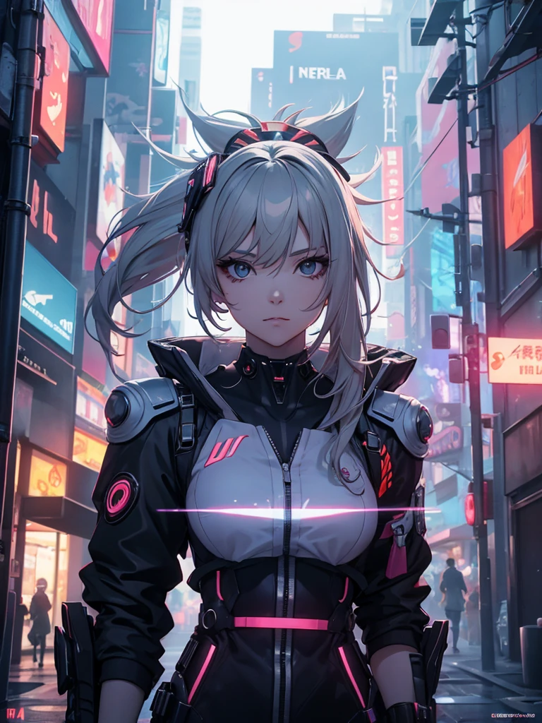 Yoimiya, 1women, wearing a futuristic outfit, cyberpunk outfit, at a future city, cyberpunk look, 8k, high detailed, high quality
