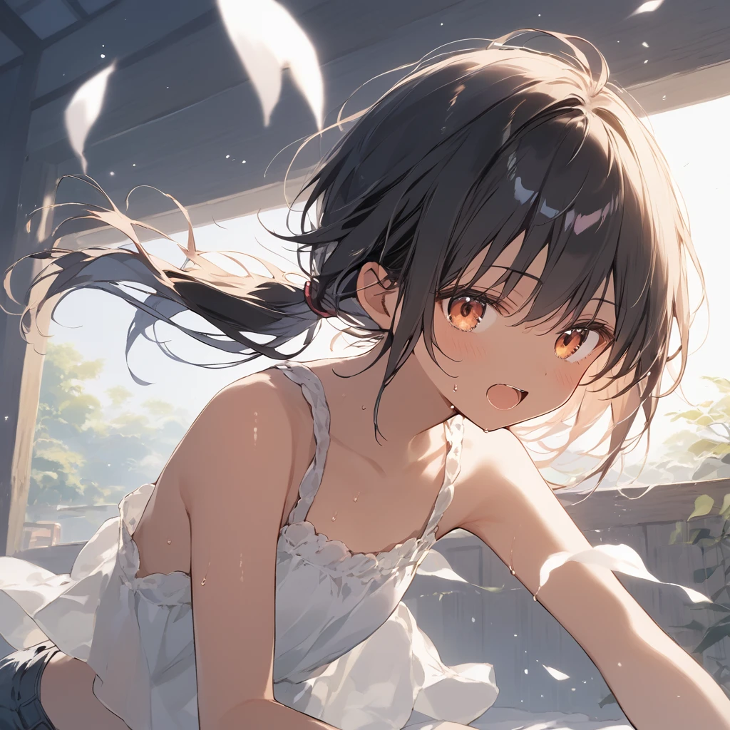 score_9, score_8_up, score_7_up, source_anime, best quality, masterpiece, official art, absurdres, highres, ultra-detailed,waifu2x,Collection: Slice of Life,break,1girl, tomboy, dark-skinned female, short hair, low ponytail, flat chest, beautiful detailed eyes, short shorts, sweat, open mouth, (yawn:0.3), sleepily, outdoors, wind, break,(clear line illustration:1.2),very high resolution, very aesthetic, super detailed skin, Best sexual lighting powered by famous artist, 8k,cute picture,beauty illustration,photoshop_(medium),,(Detailed Lighting),best anime 8k konachan wallpaper, pixiv contest winner,