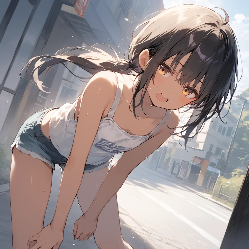 score_9, score_8_up, score_7_up, source_anime, best quality, masterpiece, official art, absurdres, highres, ultra-detailed,waifu2x,Collection: Slice of Life,break,1girl, tomboy, dark-skinned female, short hair, low ponytail, flat chest, beautiful detailed eyes, short shorts, sweat, open mouth, (yawn:0.3), sleepily, outdoors, wind, break,(clear line illustration:1.2),very high resolution, very aesthetic, super detailed skin, Best sexual lighting powered by famous artist, 8k,cute picture,beauty illustration,photoshop_(medium),,(Detailed Lighting),best anime 8k konachan wallpaper, pixiv contest winner,