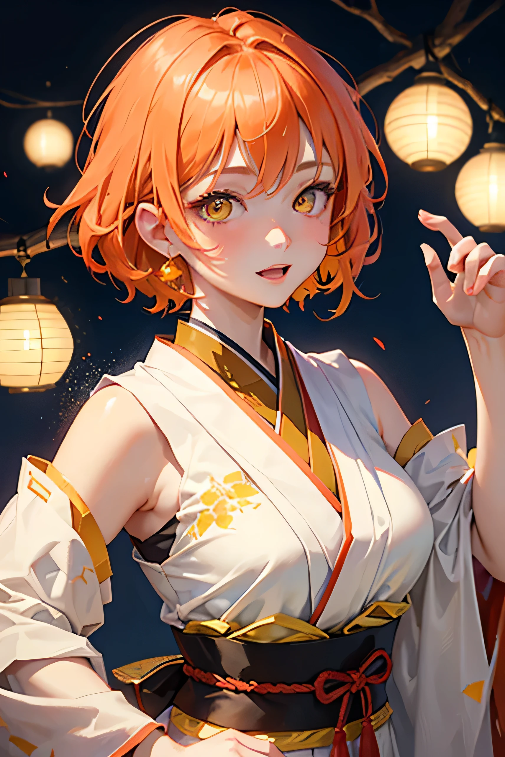 masterpiece, Highest quality, so beautiful、up to date、Orange Hair, short hair, (Yellow Eyes)、Adult woman wearing Japanese festival costume、Face close-up、bullish expression、(Very energetic)