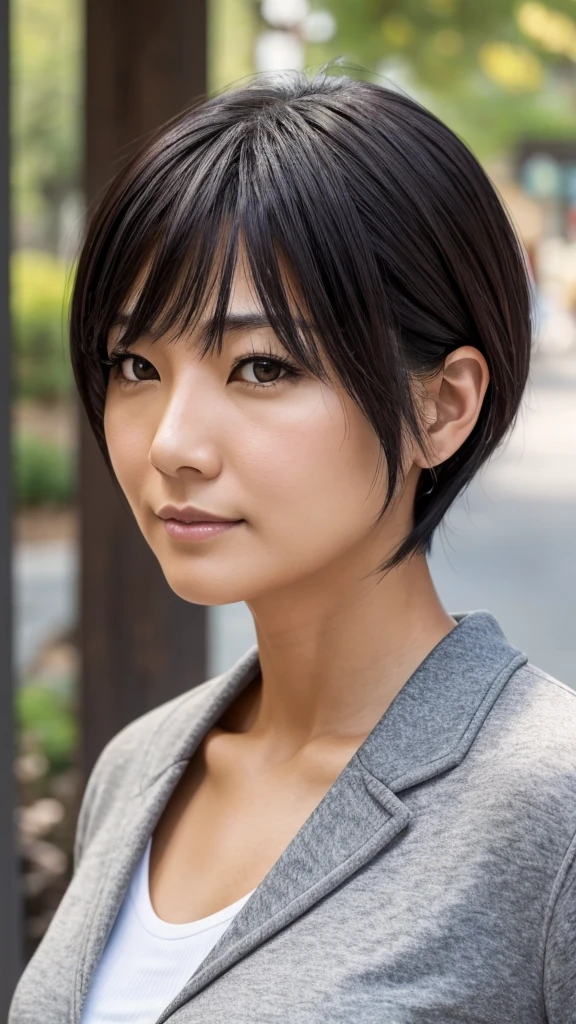 Female, 40s, Japanese, short black hair with some gray, brown eyes, friendly impression, casual clothing, face slightly beginning to show fine lines, upper body in focus, frontal composition
