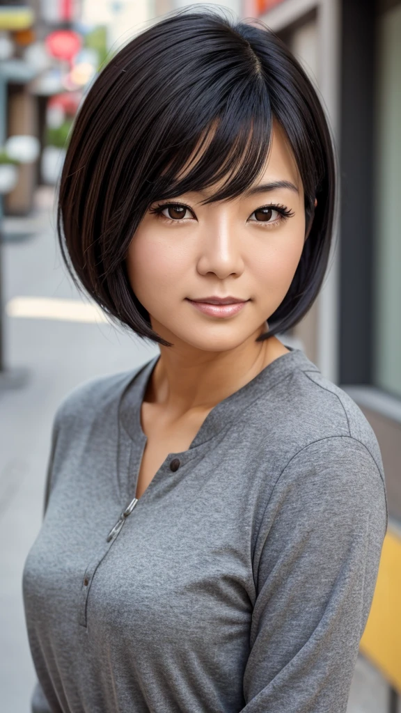 Female, 40s, Japanese, short black hair with some gray, brown eyes, friendly impression, casual clothing, face slightly beginning to show fine lines, upper body in focus, frontal composition