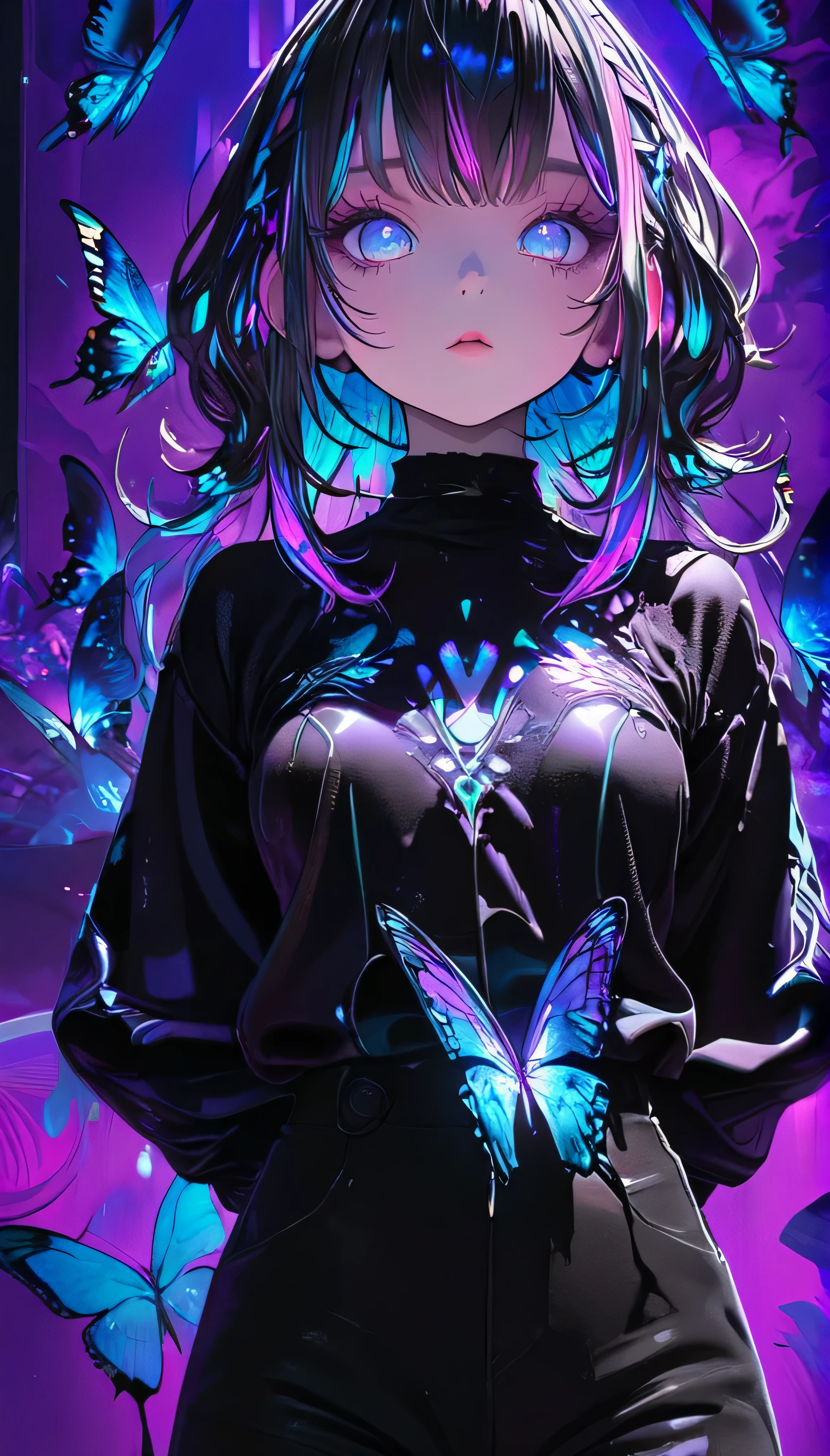 (((masterpiece, best quality, illustration, extremely detailed, 8k, 4k, 2k))), (1girl),skeleton style, lora more_details 1 , ((glow hair, multicolored hair)), ((Iridescent Hair)), (rib cage), ((teal neon light)), ((hands behind back)), (black jacket), (((purple retro background))), (looking at viewer), (black pants), ((butterflies)), (looking at viewer), (upper body)